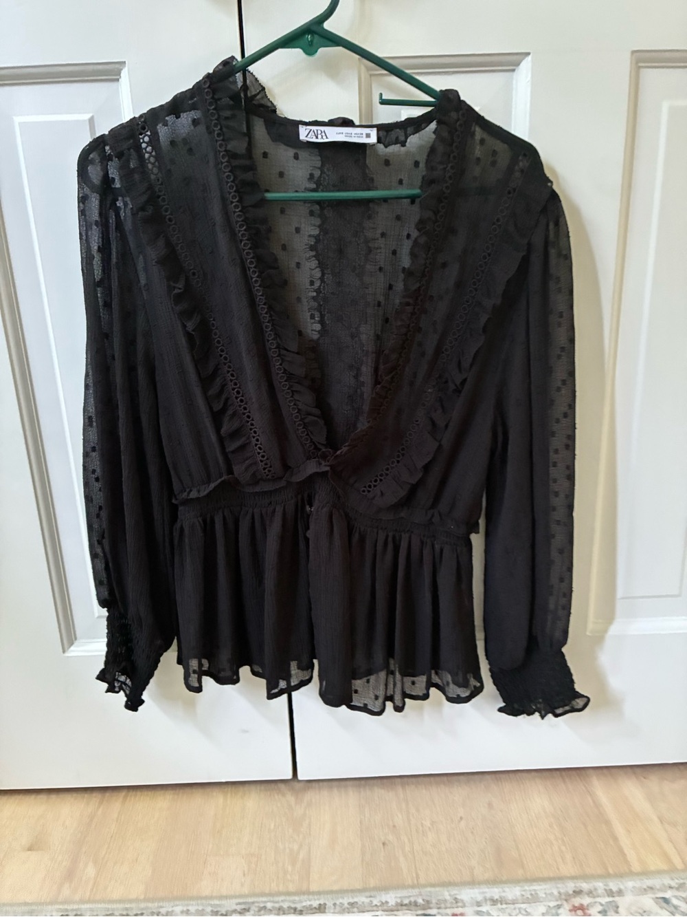 ZARA Black Sheer Swiss Dot Ruffle V-Neck Peplum Blouse